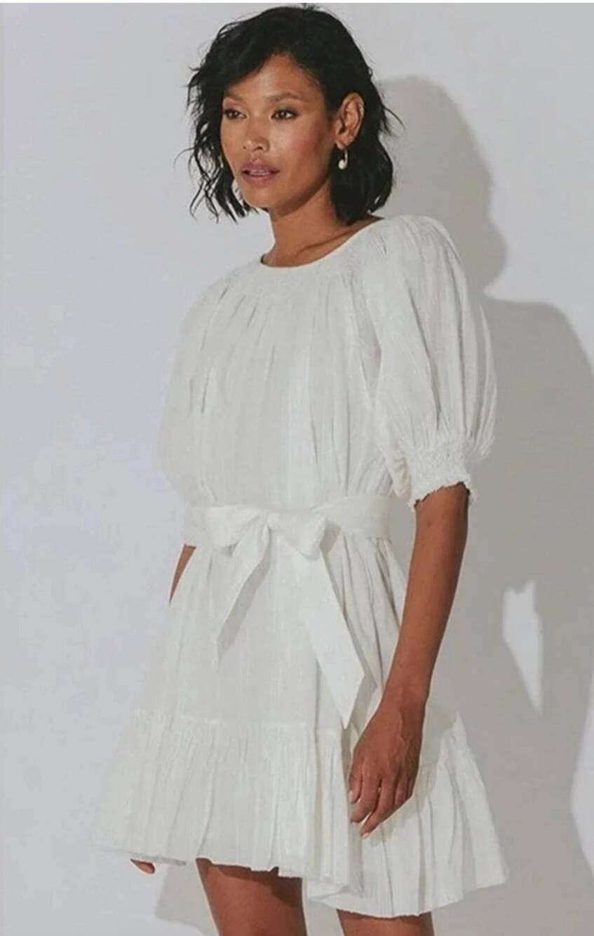 Cleobella Ada Mini Dress in Ivory Size Medium Puff Sleeves Belted